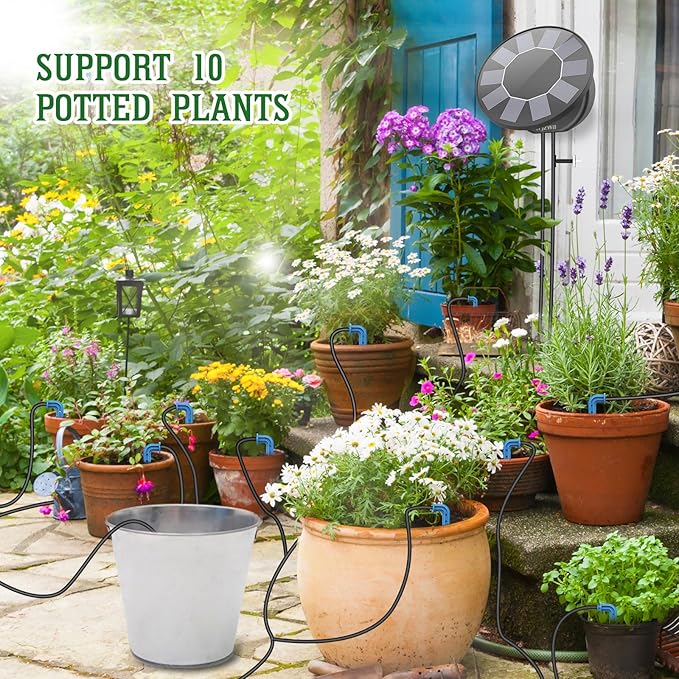 Solar Automatic Drip Irrigation System Kit, DIY Irrigation System for Garden Outdoor/Indoor Gardening System, Plant Watering System Drip Irrigation System, 9 Timing Modes with Anti-Siphon Set