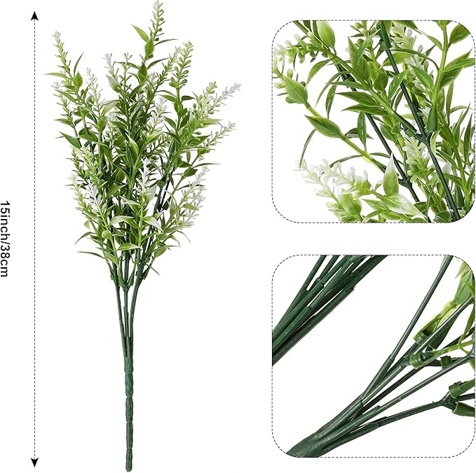 12 Bundles Artificial Lavender UV Resistant Plants Outdoor Faux Flowers Shrubs for Floral Arrangement, Table Centerpiece, Home Garden Decor (White)