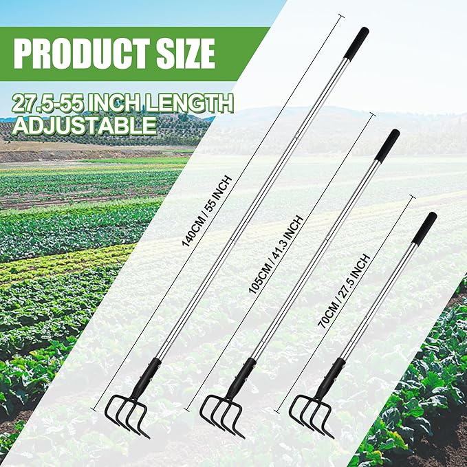 Long Hand Cultivator, Carbon Steel & Stainless Steel Tiller Cultivator, Garden Cultivator with Telescopic Handle and Soft Handle Cover, Hand Tiller for Digging Loosening Weeding