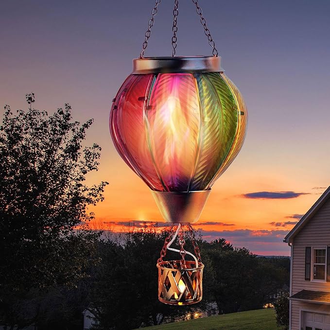 pearlstar Hot Air Balloon Solar Lantern with Flickering Flame Light Outdoor Solar Hanging Lights Waterproof for Garden Yard Farmhouse Patio Pathway Outside Decoration,Glass, Multicolor