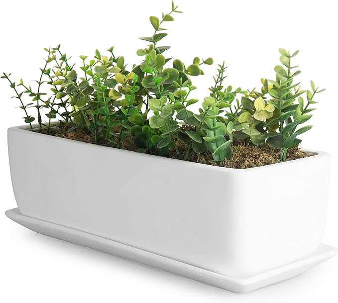 MyGift 14 Inch Modern Unglazed White Ceramic Indoor Plant Pot with Drainage Hole, Rectangular Succulent Planter Window Box with Removable Saucer, White