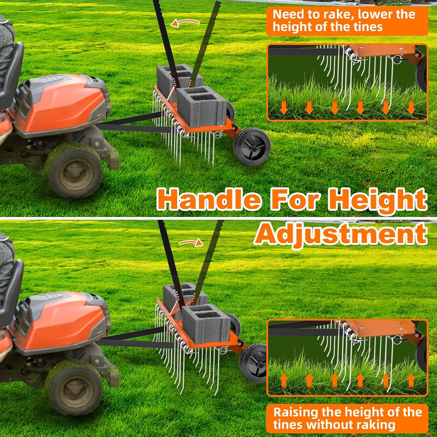 48" Tow Behind Lawn Dethatcher, Pull Behind Rake with 24 Rust-Proof Tines and Heavy Tires, Lawn Tractor Rake with Lift Handle, Tow Behind Rakes to Remove Thatch, Leaves from Large Lawn Area