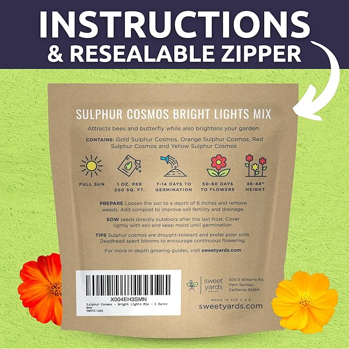 Sulphur Cosmos - Bright Lights Mix - Large 1 Ounce Packet - 3,500 Flower Seeds for Planting - Wildflower Mix