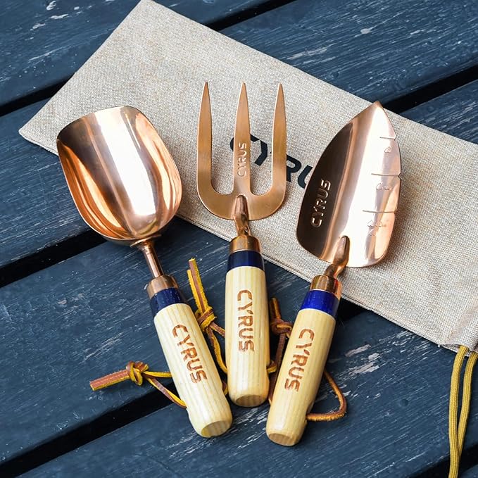 CYRUS Garden Tool Set, 3 Piece Stainless Steel Hand Trowel, Includes Hand Trowel, Transplanting Shovel and Hand Rake with Ash Wood Handle for Planting, Maintaining Lawns and Gardens, Rose Gold