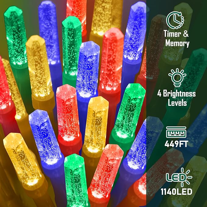 Heceltt 1140 LED 449 FT String Lights Outdoor, 8 Modes Christmas Lights Plug in, IP44 Waterproof Led String Lights with Timer and Memory for Xmas Yard Party Garden Decorations (Multicolor)