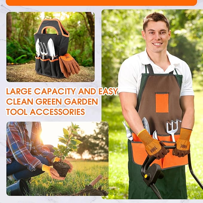 11 Pcs Garden Tool Set Heavy Duty Aluminium Alloy Tools with Ergonomic Handle, Durable Gardening Hand Tools Kit Includes Apron,Storage Tote Bag, Gardening Gifts for Women Men(Orange)