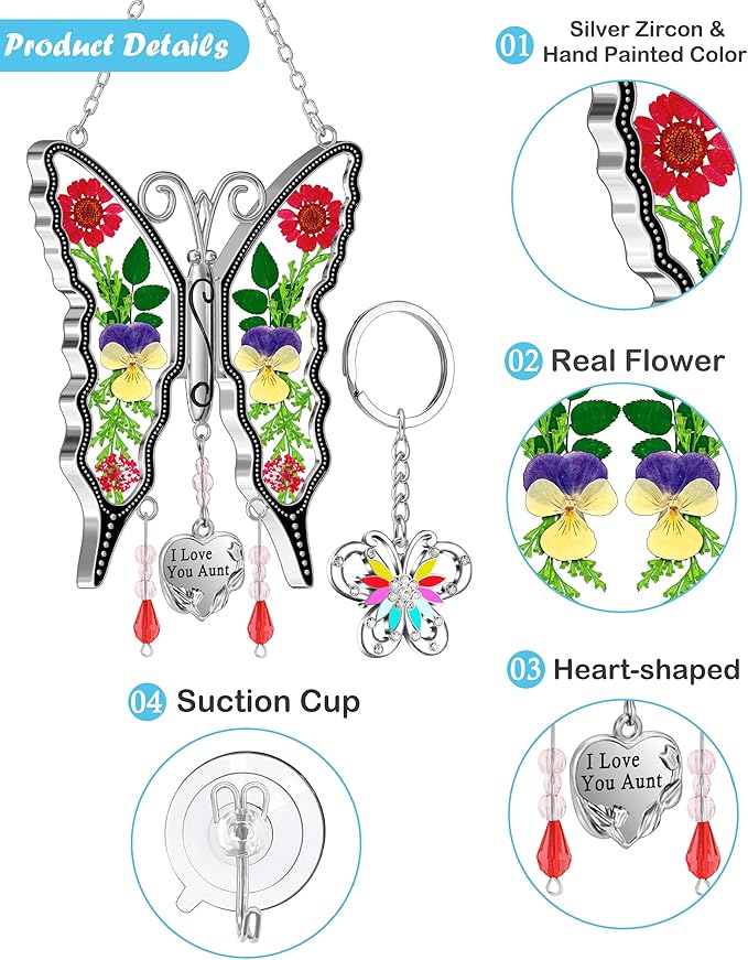 KY&BOSAM I Love You Aunt Butterfly Suncatcher for Windows Gifts for Aunt Pressed Flower Between Wings Glass Metal Engraved Charm Gifts for Aunt Mother's Day Valentine's Birthday Thanksgiving Christmas