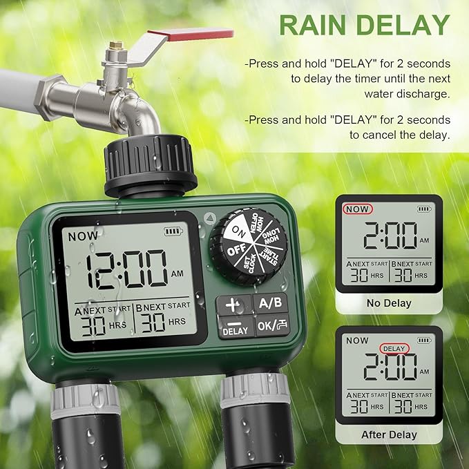 2 Outlet Sprinkler Timer, XinFuture Water Timer, Programmable Garden Hose Timer with Rain Delay, Manual& Automatic Watering System, Waterproof Digital Irrigation Timer for 2 Separate Watering Zones