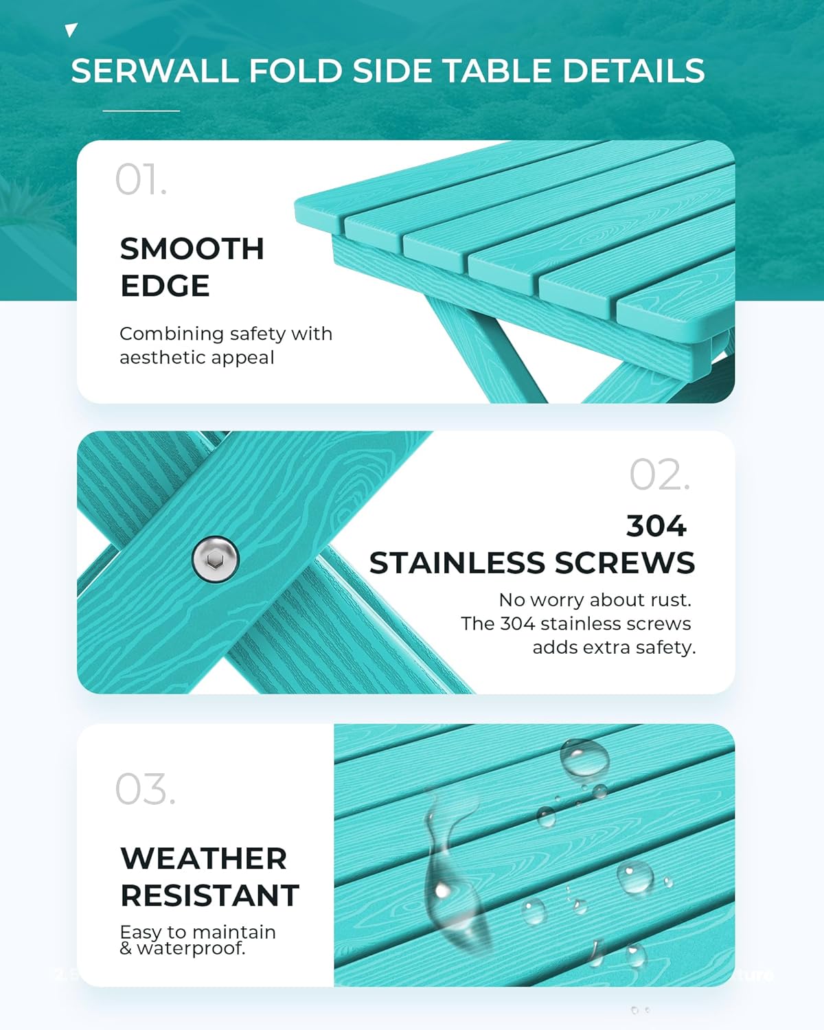 SERWALL Adirondack Side Table, No Assembly Outdoor End Table, HDPE Small Folding Table for Backyard Pool Porch, Aruba