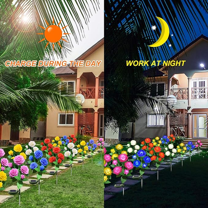 Solar Flower Lights Outdoor - Upgraded New Material Two Modes Realistic LED Solar Powered Waterproof Lights with 5 Roses, Solar Decorative Stake Lights for Garden (Blue, 1 Pack)