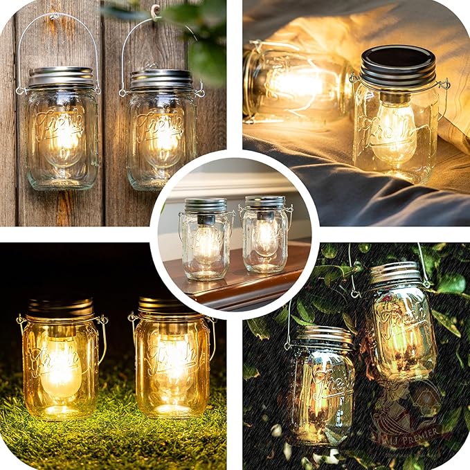 MJ Outdoor Mason Jar Lights Hanging Battery Operated Lamp Timer Cordless Lamps 2-Pack LED Decorative Garden Lanterns Glass Light for Patio Camping Courtyard Backyard Tree Hallway Stairs( Transparent)