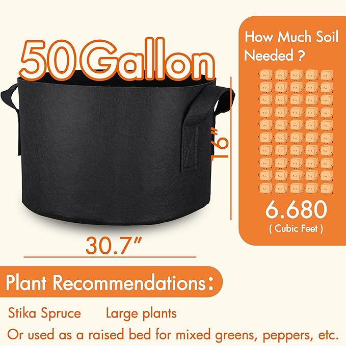 Gardzen 2-Pack 50 Gallon Grow Bags, Aeration Fabric Pots with Handles, Pot for Plants