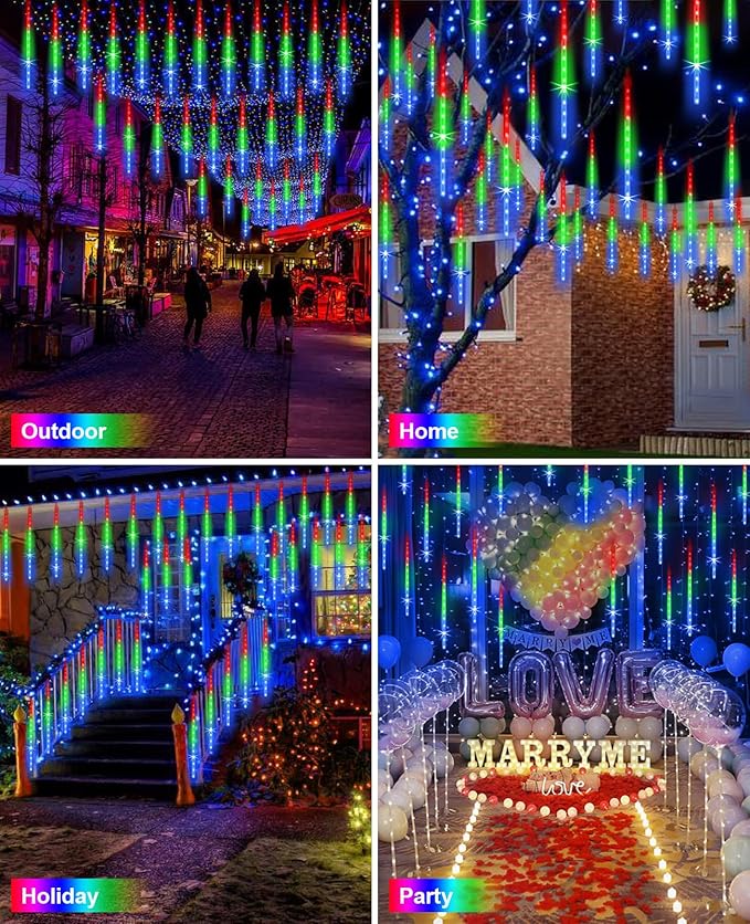 Meteor Shower Lights Outdoor Solar Meteor Lights Falling Rain Lights 16 Tubes 16 Inch 576LED Cascading Snowfall Christmas Lights for Holiday Wedding New Year Party Yard House Roof Tree Mall Decoration