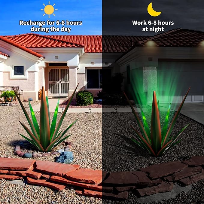 Large Tequila Rustic Sculpture, Rustic Metal Agave Plants for Outdoor Patio Yard, Home Decor Hand Painted Metal Agave Garden Yard Statue, Outdoor Lawn Ornaments (Red - L (W/Solar Light))