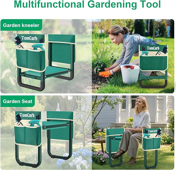 TomCare Garden Kneeler and Seat Upgraded 10.24" Wide Kneeling Pad Garden Bench with 2 Large Tool Bags Heavy Duty Garden Stool Foldable Garden Tools Gardening Gifts for Women Men Seniors Gardeners