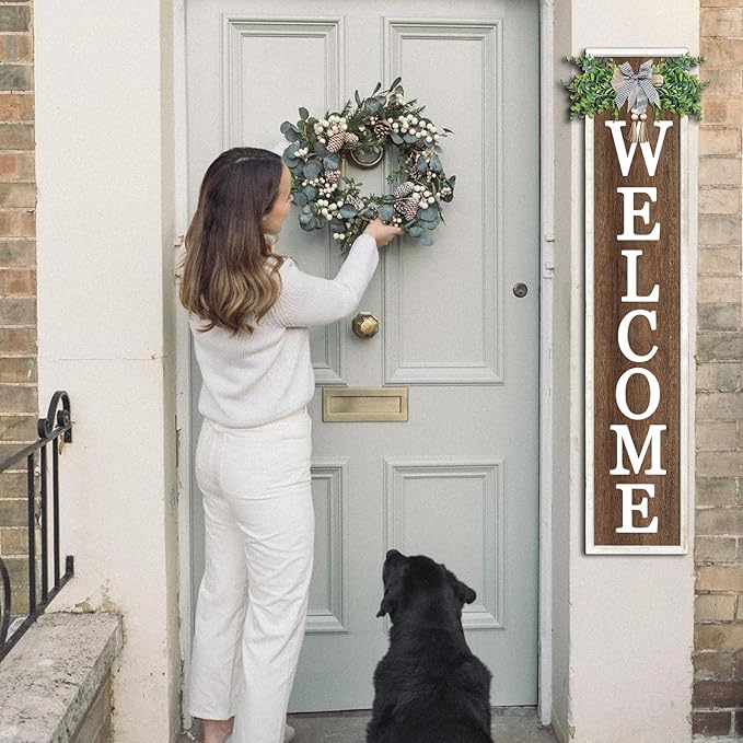 Surfapans Welcome Sign for Front porch Standing 45"X9"Large Wood Frame Outdoor Tall Welcome Signs Vertical Decor for Farmhouse Rustic Home Modern Outside Front Door Wall Decorations (White Wood)
