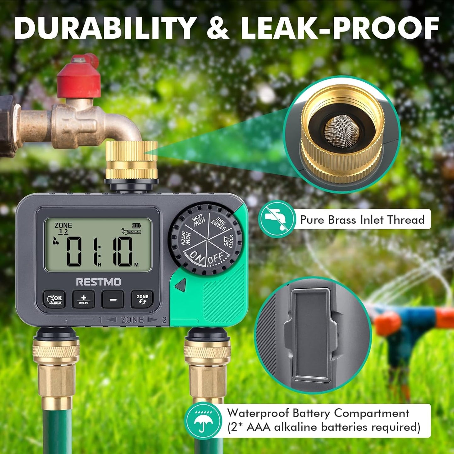 RESTMO Water Timer for Garden Hose, Sprinkler Timer with Brass Inlet, Automatic Digital Control | Manual ON/Off | Rain Delay, for Outdoor Faucet, Drip Irrigation and Lawn, 2 Outlet
