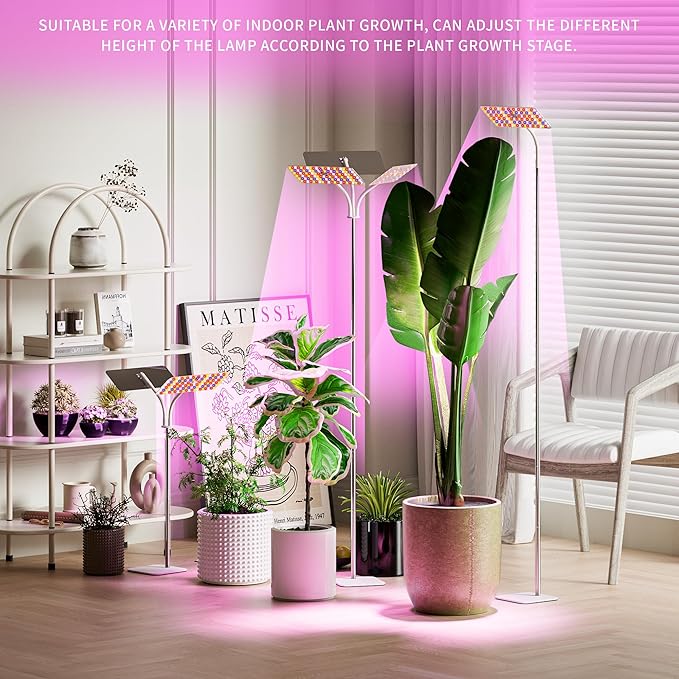 Grow Lights with Base, Double Head, Full Spectrum LED Grow Light for Indoor Plants, 240 Leds, 4 Dimmable Levels, Timer 4/8/12h, 12-60inches Height Adjustable, 36w, Ideal for Desk Small Plants