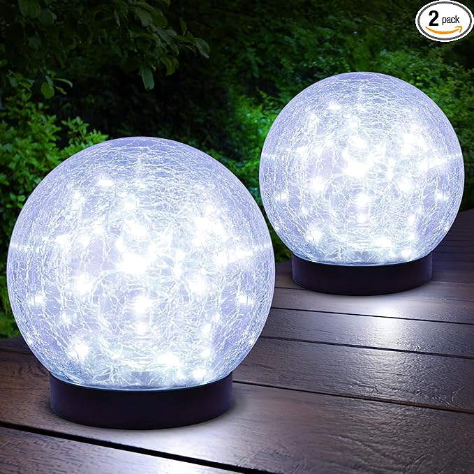 2-Pack Garden Solar Lights Outdoor, Cracked Glass Ball Light Waterproof, Decorative Solar Powered Globe Lighting Cool White for Yard Pathway