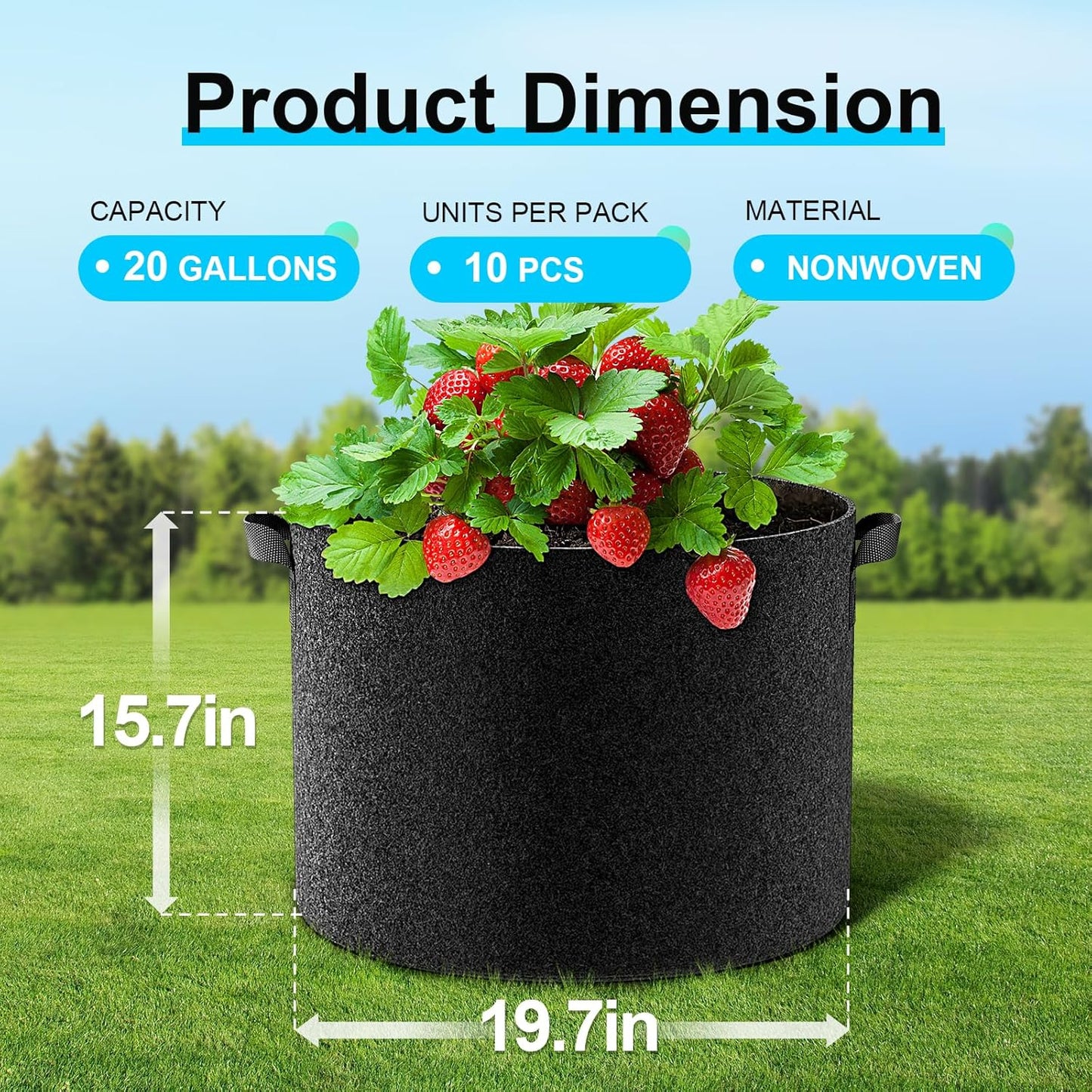 Land Guard 10-Pack Fabric Grow Bags 20 Gallon, Thickened Nonwoven Garden Pots, Growing Bags with Handles, Black