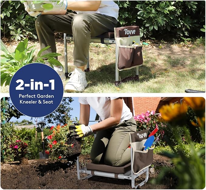 Foldable Garden Kneeler and Seat, Heavy Duty Garden Stool with 10" Wide Detachable Kneeling Pad, Portable Garden Bench Chair with Large Garden Tool Bag, Gardening Gifts for Women, Seniors