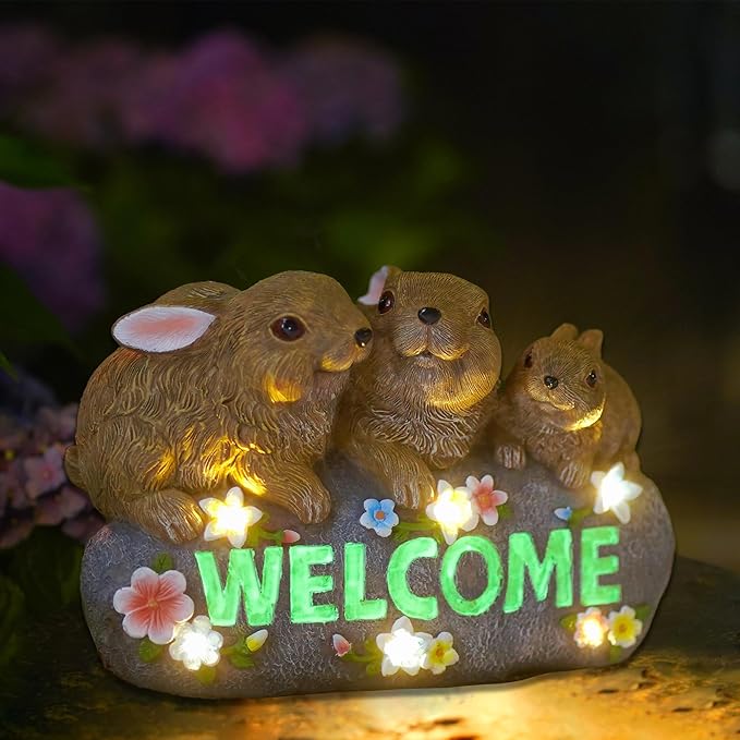 Solar Rabbits with Welcome Sign - Outdoor Bunny Decor with Solar LED Lights - Rabbit Garden Decor & Outdoor Light-Up Gifts for Women, Moms or Birthdays