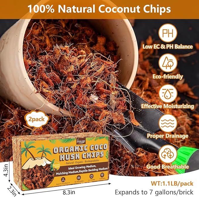Legigo 2 Pack Coco Husk Chips- 2.2 LB 100% Organic Coconut Coir Chips Brick Potting Soil Mix with Low EC & PH Balance, Compressed Coconut Substrate Coco Chips Mulch Medium for Garden, Flowers, Plants