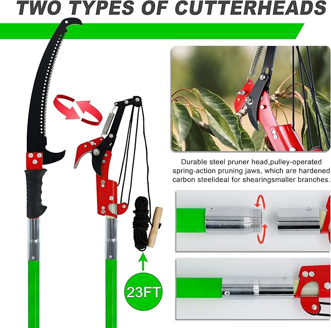 Tree Trimmer, Pole Pruning Saw, Extended Multi-Stage Pole Saw, Gardening Tools Pruner Hand Pole Saw For Yard(Green 26FT)