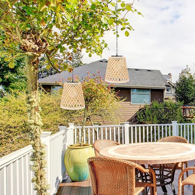 2-Pack Bamboo Woven Outdoor Chandelier Small Hanging Rattan Solar Pendant Lights Modern Retro Boho Pendant for Gazebo Yard Porch Patio Garden Backyard Decor