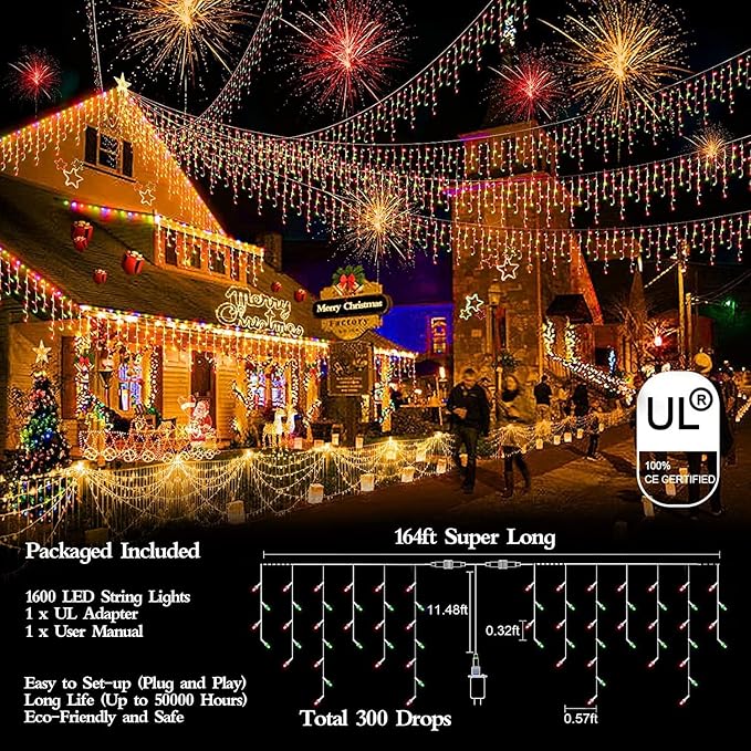 1600 LED 164FT Christmas Outdoor Lights Plug in 8 Modes with Timer Dimmable Christmas Decorations Waterproof Indoor Curtain String Lights for Roof Porch Garden Holiday Wedding Party Decor Red + Green