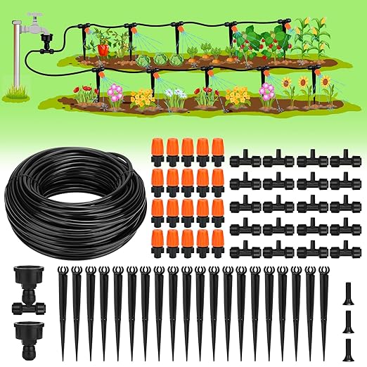50ft Micro Drip Irrigation Kit, Micro Drip Irrigation System Kit with Adjustable Misting Nozzle Sprinkler, Tubing and Connectors, Watering for Garden, Flower Beds, and Potted Plants
