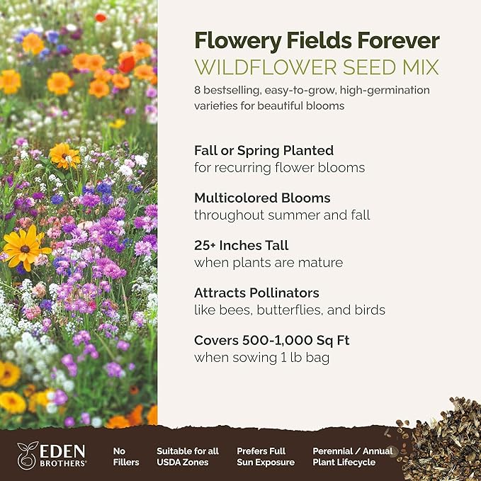 Eden Brothers Flowery Fields Forever Flower Mixed Seeds for Planting, 1 lb, 480,000+ Seeds with Cornflower, Candytuft | Attracts Pollinators, Plant in Spring or Fall, Zones 3, 4, 5, 6, 7, 8, 9, 10