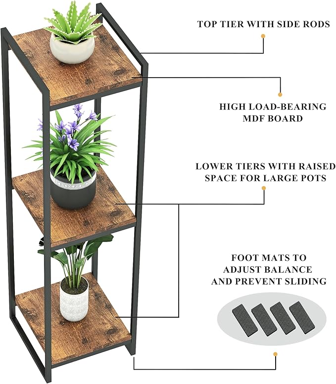45" Tall Plant Stand Indoor, 3-Tier Modern Plant Shelf Corner Flower Pot Holder Organizer for Living Room Balcony Garden, Rustic Brown