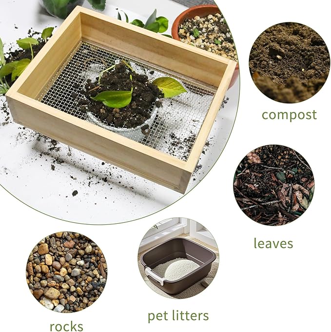 Wooden Soil Sifter for Gardening,13.7"x10.2" Rock Sifter with 2 Replaceable Mesh Screen (0.34"&0.47") Compost Sifter for Leaves, Rocks, Compost, Gravel, Soil