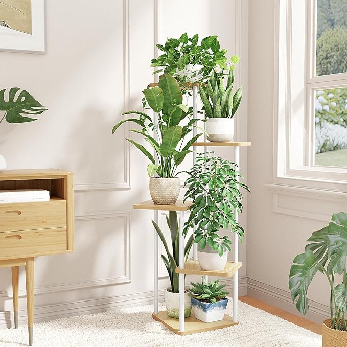 Bamworld Corner Plant Stand Indoor, Tall Metal Plant Shelf for Multiple Plants, 5 Tier Flower Stand for Patio Garden Balcony Living Room Bedroom(White)