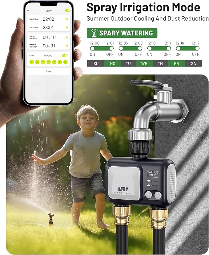 Unistyle WiFi Sprinkler Timer 2 Zone, Programmable Smart Water Timer 2 Outlet, WiFi Irrigation Controller with Rain Delay/Auto Mode/Manual, Outdoor Hose Timer for Lawns, Yards and Garden