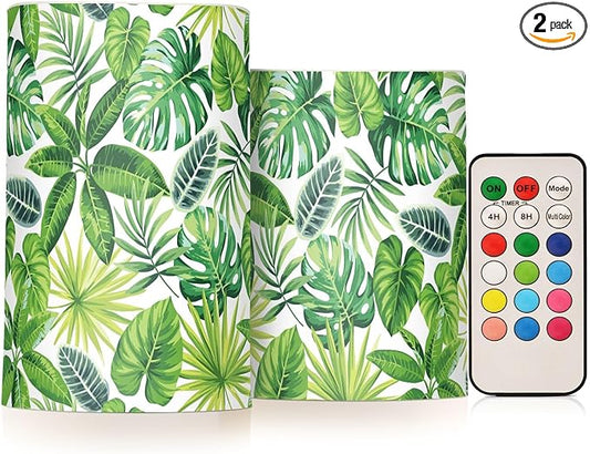 Flickering Flameless Candles, Tropical Palm Leaves Exotic LED Candles with Remote Timer, Set of 2 Battery Operated Candle for Valentine Wedding Birthday