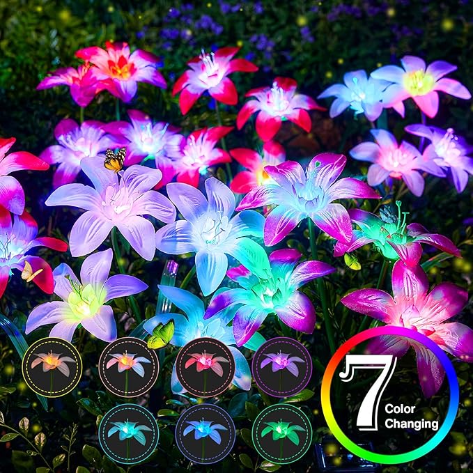 Solar Garden Lights Outdoor, 4 Pack Blooming Lily Solar Flowers Outdoor Waterproof, 7 Color Changing Bigger Flower Lights for Yard Patio Decor, Gift for Mom