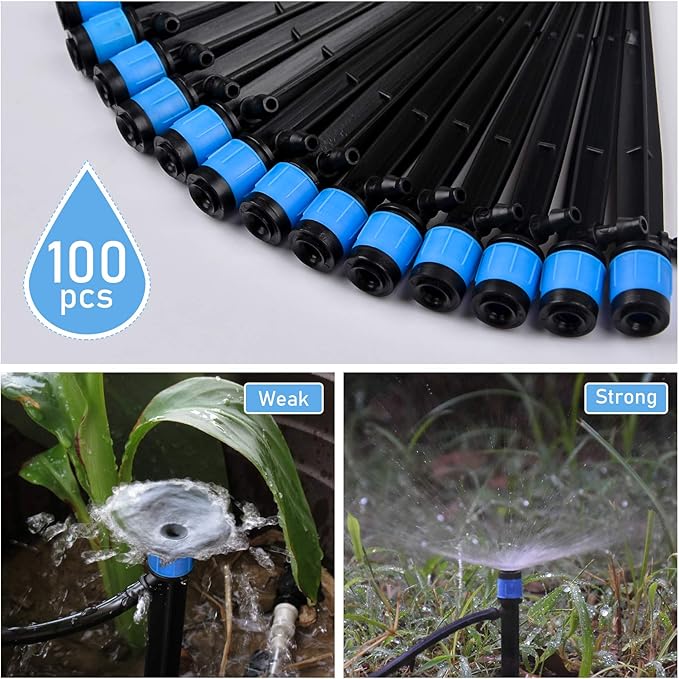 Kalolary 100PCS Irrigation Drippers Drip Emitters, Micro Spray Adjustable 360 Degree Full Circle Pattern Water Flow Bubbler Sprinkler Fits 1/4 (4-6mm) Irrigation Tubing for Garden Irrigation(Blue)