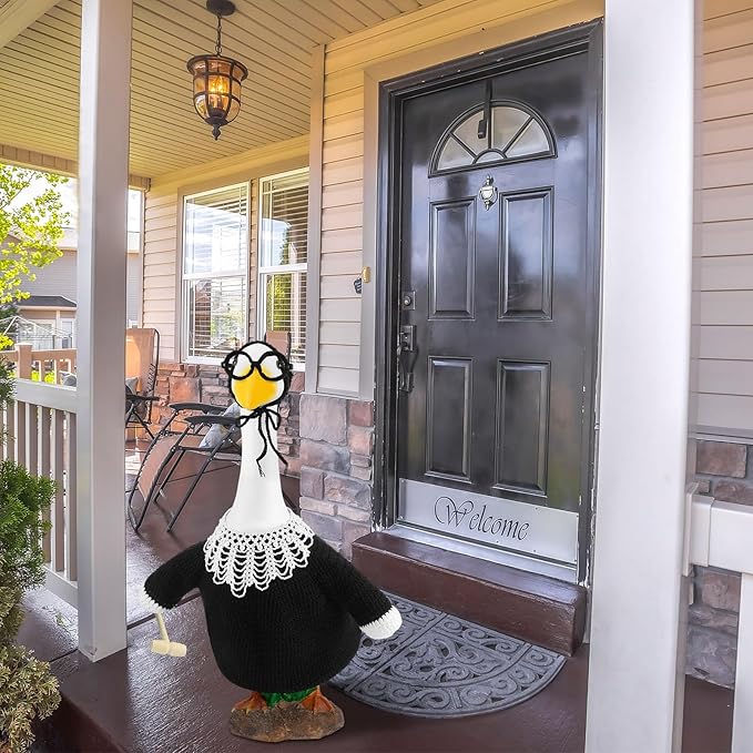 Crochet Justice Goose Outfit Handmade Federal Judge Lawn Goose Clothes Halloween Porch Goose Outfit with Glasses and Mallet for 23'' Goose Halloween Outdoor Patio Yard Lawn Art Decoration