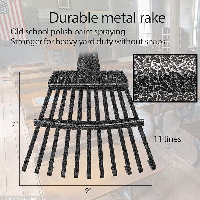 Oliynedy Leaf Rake for Gardening, Adjustable Metal Garden Rake for Leaves Long Handle 30-60", 11 Tines 9" wide Small Lawn Collapsible Yard Adult Kids Rake for Camping Flower Beds Mulch Shrub