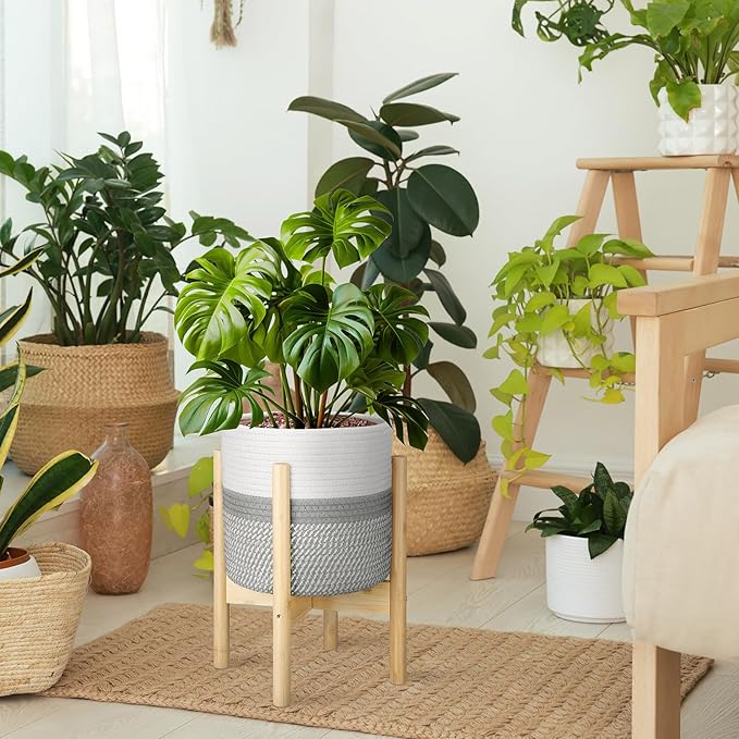 Plant Basket with Stand Indoor Planter Pot Holder Sturdy Jute Rope Modern Woven Basket, Cotton Rope Woven Pot with Bamboo Stand(10 Inch,White and Gray)