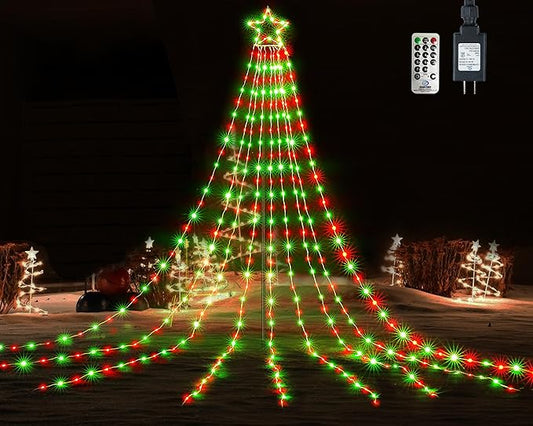 BlcTec Outdoor Christmas Decorations, 352 LED Christmas Star Lights with 9 Strands 11.7ft Waterfall Christmas Tree Lights, 8 Modes, Waterproof, Timer for Yard Patio Xmas Décor, Flowing Red and Green