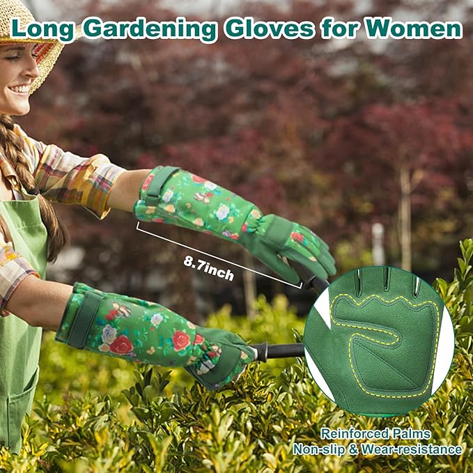 DLY Gardening Gloves for Women, Rose Gloves Gardening Thorn Proof, Long Garden Gloves for Women, Durable and Comfortable Leather Gauntlet (Large, Green