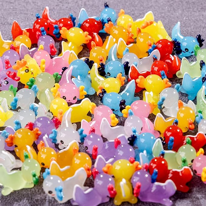 72 Pack Mini Animals Tiny Axolotl Figurines Glow in Night Bulk for Miniature Dollhouse Decor Accessories Garden Aquarium Potted Ornament Party DIY Charms Office Classroom Activity to Hide