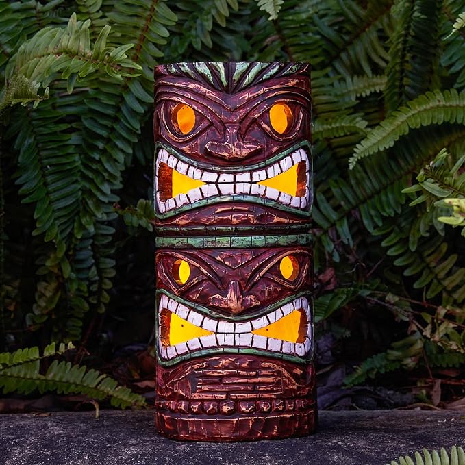 Solar Tiki Statue Outdoor Decor-Garden Large Tiki Statue-Solar Totem Pole Tiki Bar Decoration for Lawn Patio Yard,10 Inch Tall