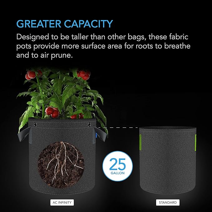 AC Infinity Heavy Duty Fabric Pots, 25 Gallon Aeration Reusable Grow Bags 5-Pack with 500G Thick Nonwoven Fabric and Multi-Purpose Rings, for Low Stress Plant Training Fruits, Vegetables, and Flowers