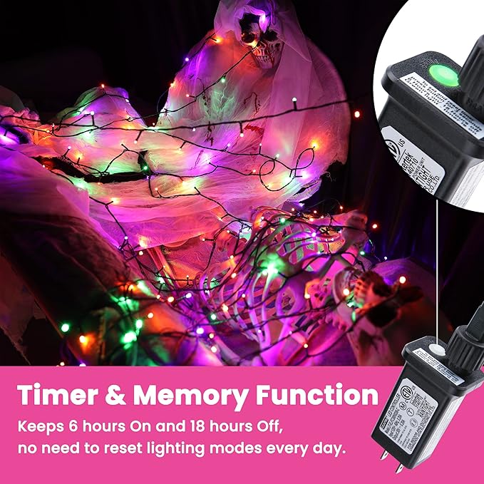 114ft 300 LED String Lights - Waterproof, 8 Modes, Orange, Green, Purple - Halloween Party, Garden, Indoor/Outdoor Decor