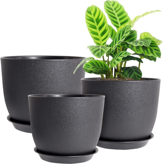 Modern Plant Pots Set, 9/8/7.5 inch Plastic Planters for Indoor Plants, Stylish Flower Pots with Drainage Holes and Saucers for House Plants and Flowers, Black
