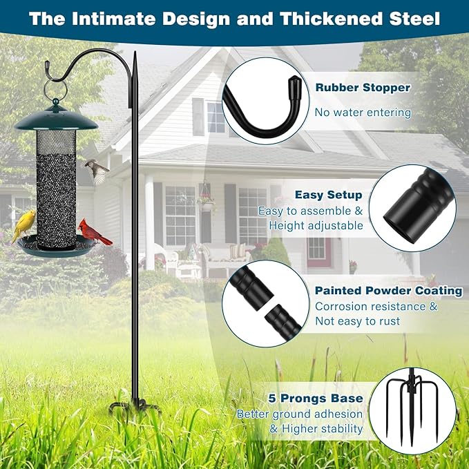 Gtongoko Adjustable 63 inch Shepherds Hooks for Outdoor Bird Feeder with 5 Prongs, Bird Feeder Pole Garden Hooks for Hanging Lanterns, Plants Baskets, Hummingbird Feeders, 1 Pack